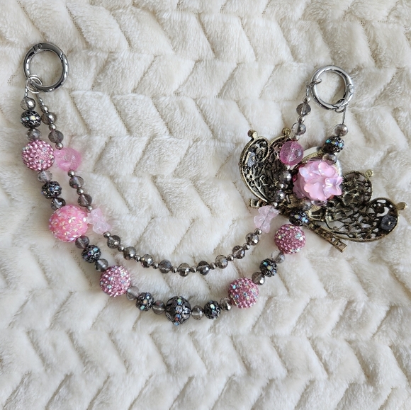 Elegant Pink and Silver Queens Crown Beaded 2 Chain Bag Charm Chain - Picture 7 of 9